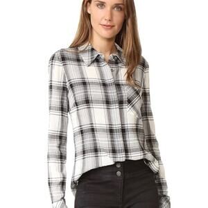 Veronica Beard Plaid High Low Hidden Button Flannel Long Sleeve Black White US 6